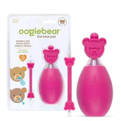 Oogiebear Baby Bear Pair includes a nasal aspirator with a bear head and a booger picker, both in raspberry pink.