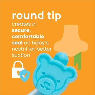 Nasal aspirator with bear design, featuring a round tip for a comfortable seal on baby’s nostril, enhancing suction.