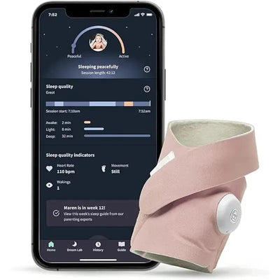 Accessory fabric sock in dusty rose for the Owlet Dream Sock baby monitor, displayed alongside its app interface showing sleep data.