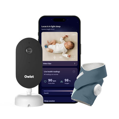 Owlet Dream Duo™ 3 Baby Monitor includes a camera, smartphone display showing a sleeping baby, and a smart sock for health monitoring.