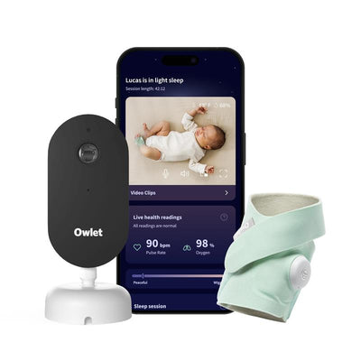 Owlet Dream Duo™ 3 Baby Monitor in mint, featuring a camera, smartphone display with baby sleeping, and a smart sock for health tracking.
