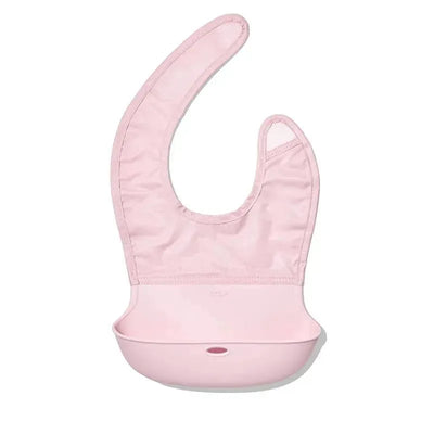 Oxo 2-pack roll up bibs in pink blossom and drizzle, featuring a soft, flexible design and an integrated crumb-catching pocket.