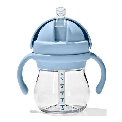 Oxo 6 oz Tot Transitions straw cup in dusk color with removable handles and measurement markings.