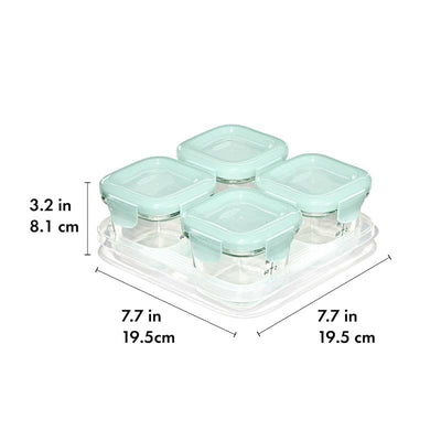 Oxo Tot Glass Baby Blocks Food Storage Containers, 4 oz, with lids, dimensions labeled in inches and centimeters.