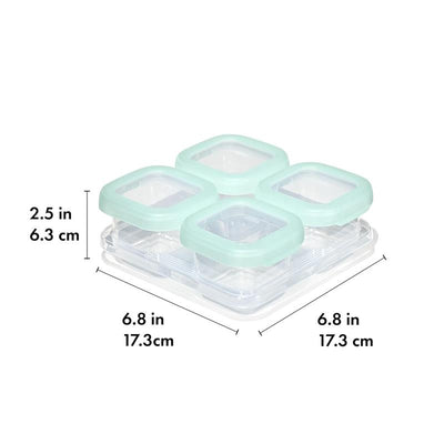 Oxo - Tot Baby Blocks Food Storage Container set with four 4 oz containers featuring mint green lids and measuring dimensions.