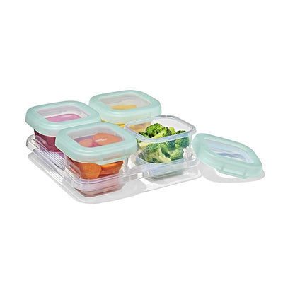Oxo Tot Baby Blocks food storage containers in various colors, holding pureed foods and vegetables, with mint-colored lids.