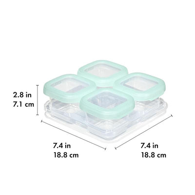 Oxo Tot Baby Blocks food storage container set featuring four 6 oz. compartments with light green lids, measuring 7.4 x 7.4 x 2.8 inches.