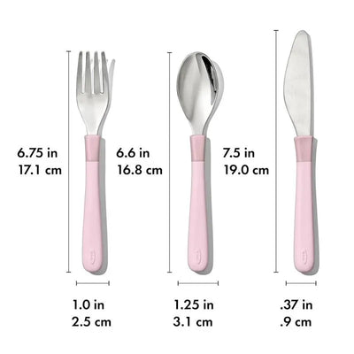Cutlery set for kids featuring a fork, spoon, and knife with pink handles, showcasing dimensions for each piece.