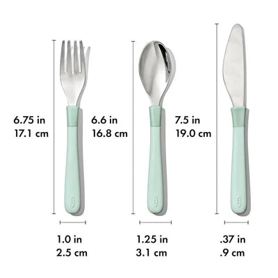 Oxo Tot Cutlery set for big kids in opal, featuring a fork, spoon, and knife with soft-touch handles and sizes indicated.