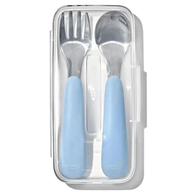 OXO Tot On-The-Go Fork and Spoon Set in a storage case, featuring a fork and spoon with blue handles.