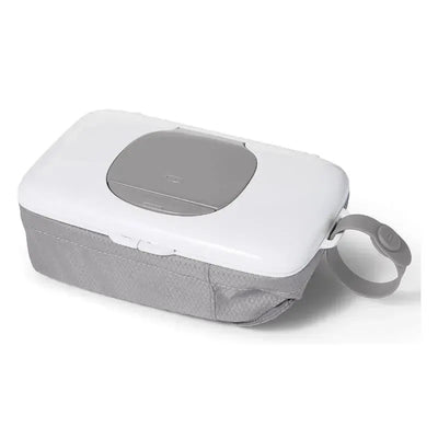 Grey Oxo Tot On-the-Go Wipes Dispenser with a soft pouch and a carrying strap for convenience.