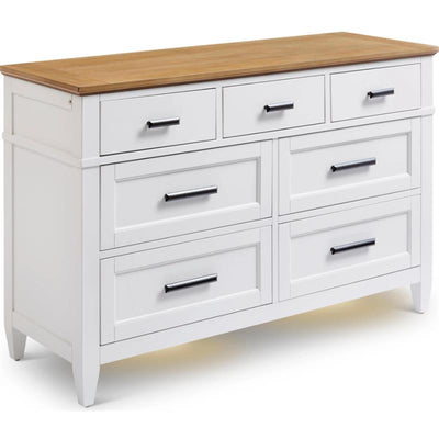 7-drawer dresser in white with a natural wood top, featuring sleek black handles and a modern design.