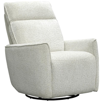 Parker House Roxy Power Recliner in textured light fabric with a tilted headrest and a circular base.