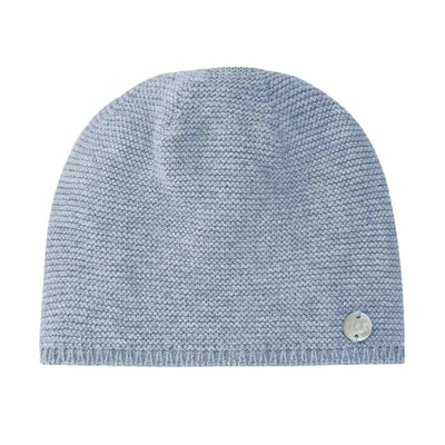 Knit newborn hat in soft blue color with a textured design and a small silver logo tag.