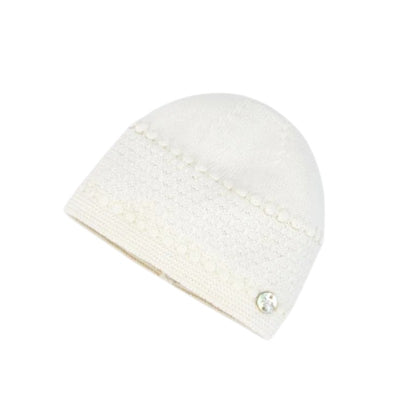 Cream-colored knit hat for newborns, featuring a decorative button and textured stitching details.