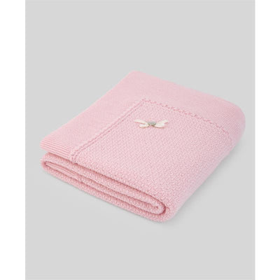 Knit newborn shawl in chalk pink with a decorative butterfly emblem, folded neatly for display.