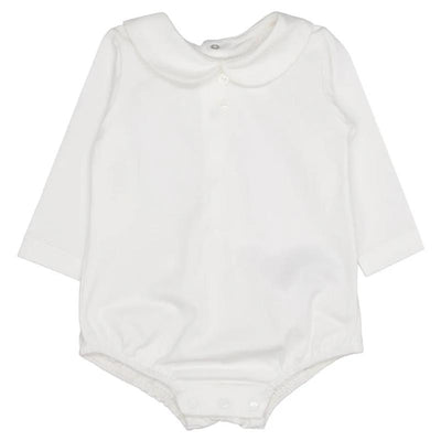 Knit newborn bodysuit in cream color with light brown details, featuring a collar and snap closures at the bottom.