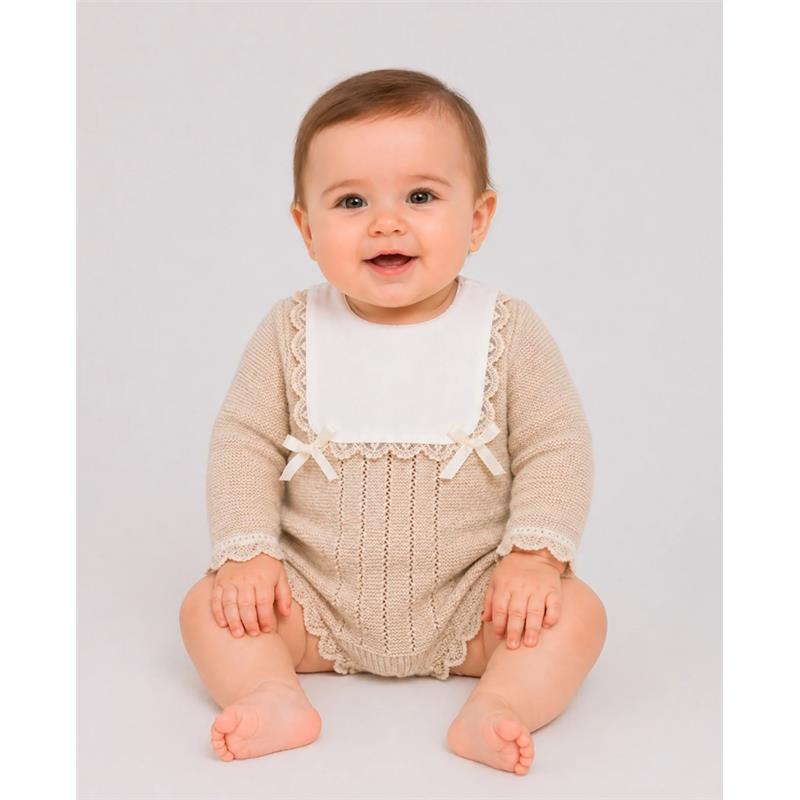 Paz Rodriguez Knit Newborn Romper Lua, Light Brown/Cream Image 2
