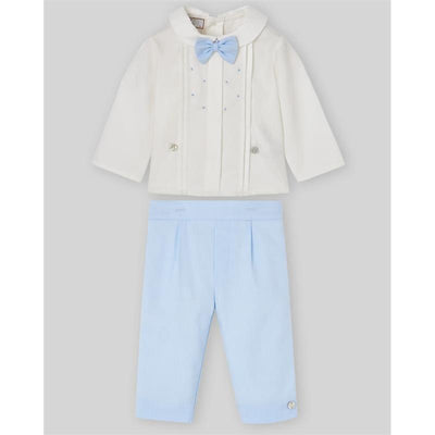 Paz Rodriguez Set Woven Newborn Blouse + Trousers Fogar, Cream/Light Blue Image 1