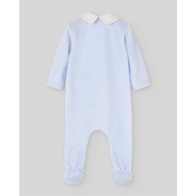 Chalk blue newborn romper with long sleeves and a white collar, featuring elasticized cuffs and foot closures.