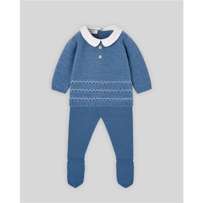 Knit newborn sweater with a white collar and matching ponte leggings in sapphire blue, featuring decorative stitching.