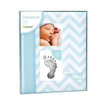 Pearhead Baby First 5 Years Memory Book in blue, featuring space for photos, a footprint imprint, and zigzag design.