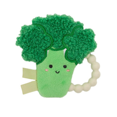 Colorful broccoli-shaped baby teether with a plush green top, smiling face, and a textured handle made of beads.
