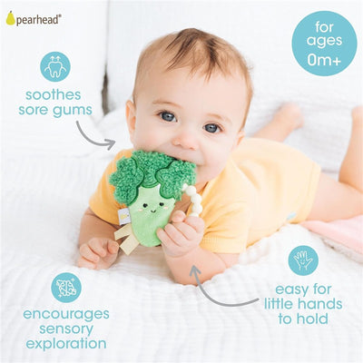 Broccoli-shaped teether for babies, featuring a soft texture, encourages gum soothing and sensory exploration.
