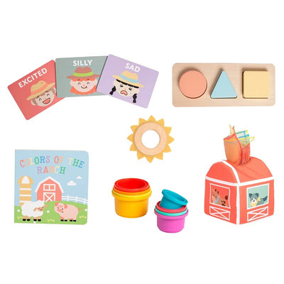 Montessori developmental toys for 6–12 months, including emotion cards, shape sorter, colorful stacking cups, and a barn.