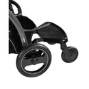 Peg Ride With Me Board attached to a stroller, featuring a textured surface and soft-ride wheels for smooth travel.