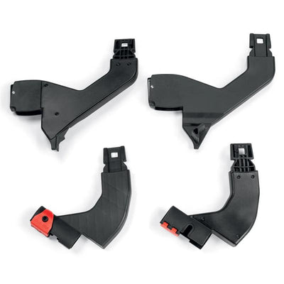 Upper and lower adapters for Peg-Perego Ypsi/Z4 double stroller, featuring four distinct black plastic components.