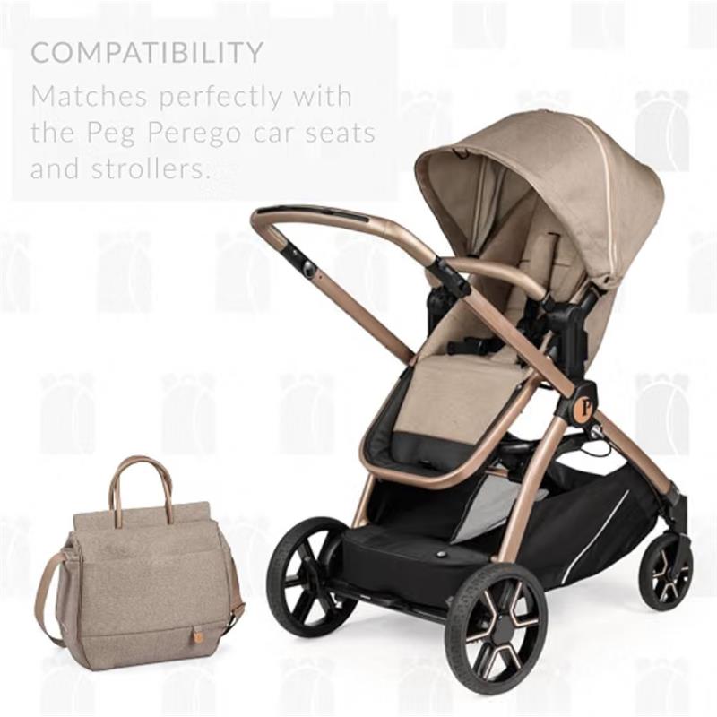 Peg Borsa Baby Bag, Mon Amour, shown next to a stroller, highlighting compatibility with Peg Perego products.