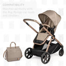 Peg Borsa Baby Bag, Mon Amour, shown next to a stroller, highlighting compatibility with Peg Perego products.
