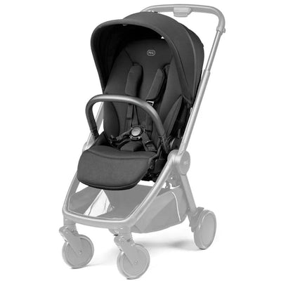 Peg City Loop Seat in True Black, featuring a padded seat, adjustable harness, and a retractable canopy for comfort.
