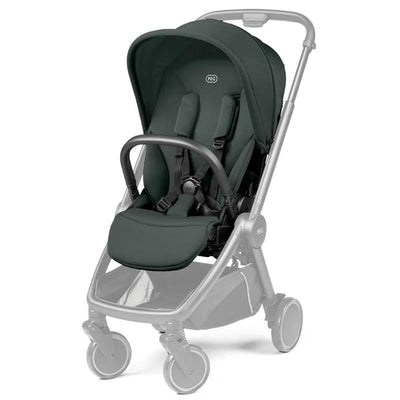 Sage green Peg City Loop Seat with safety harness, designed for a stroller, highlighting its minimalist style.