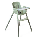 High chair with a soft sage green design, featuring adjustable straps and a removable tray.