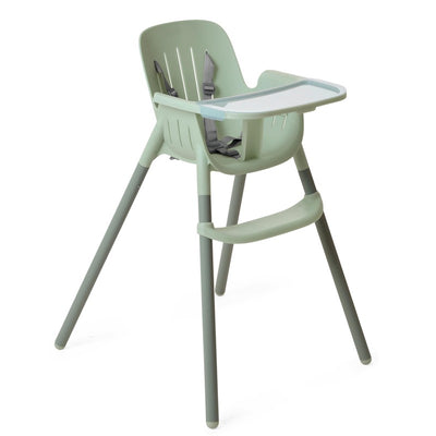 High chair with a soft sage green design, featuring adjustable straps and a removable tray.