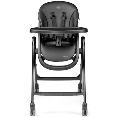 High chair in True Black finish featuring a safety harness, adjustable tray, and sleek modern design.