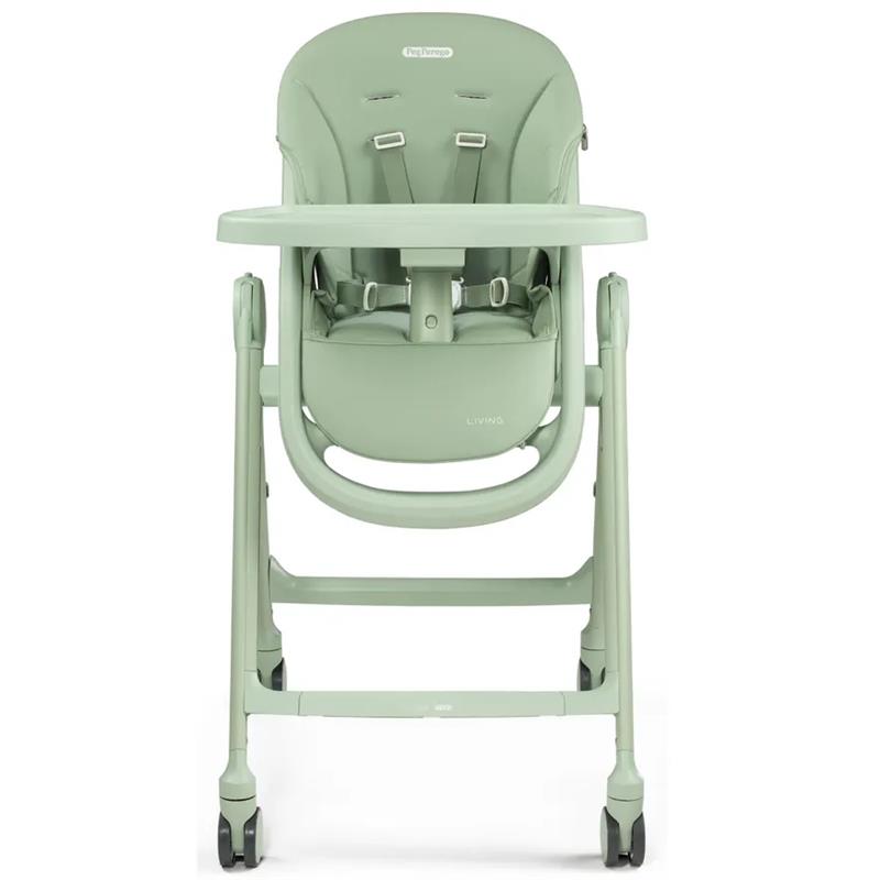Peg Living High Chair in sage green with a padded seat, adjustable harness, and a removable tray.
