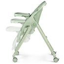 Peg Living High Chair in Sage, featuring a modern design with three height-adjustable trays and wheeled legs.