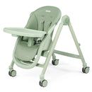 High chair in sage green with a removable tray, adjustable seat, and caster wheels for mobility.
