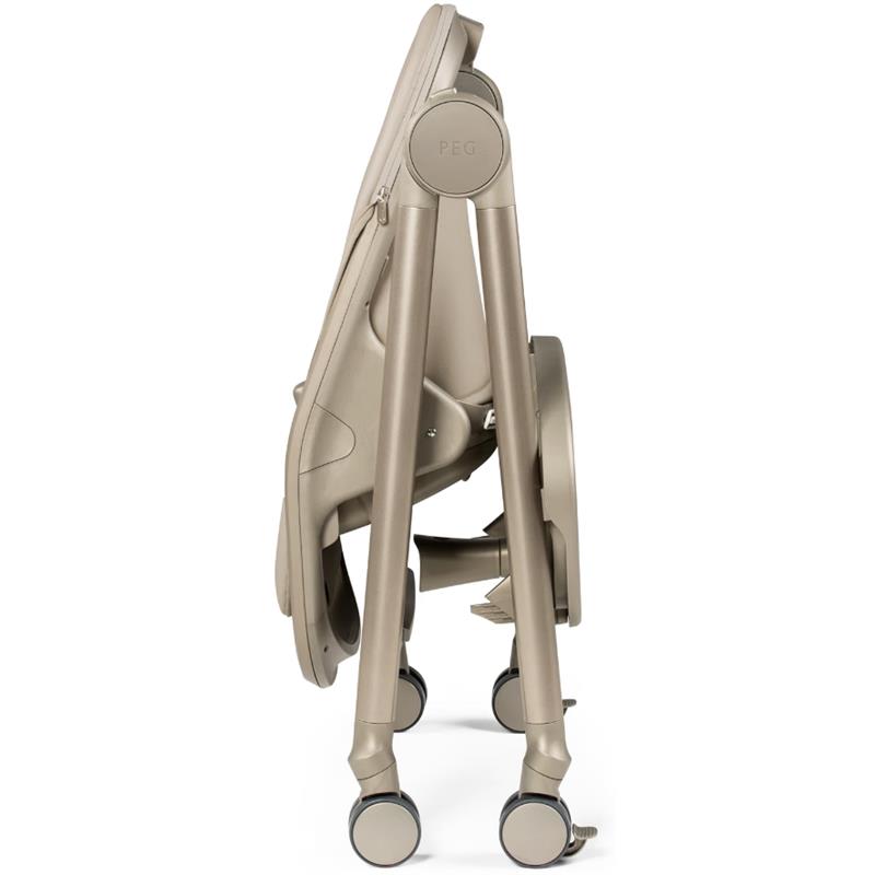 Peg-Perego Living Grow high chair and recliner in Space Sand color, shown in a folded position with wheels for mobility.
