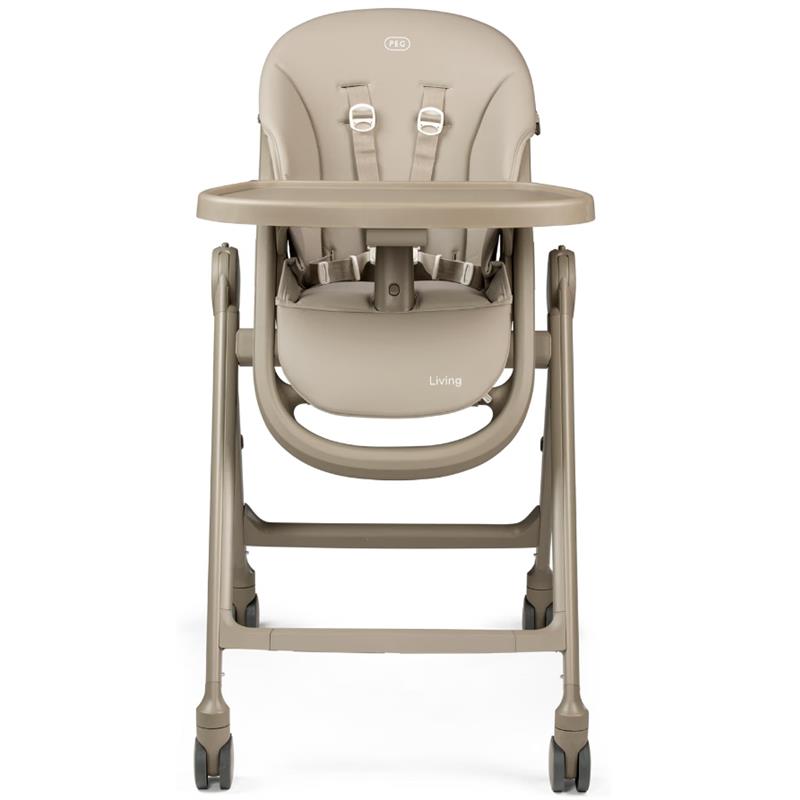 Peg-Perego Living Grow high chair in Space Sand color, featuring a reclining seat and adjustable harness.