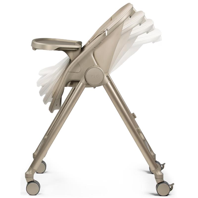 Folding high chair and recliner in Space Sand color with a sleek design and adjustable backrest.