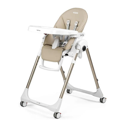 High chair with a light beige seat and white tray, featuring safety straps and a modern metal frame with wheels.