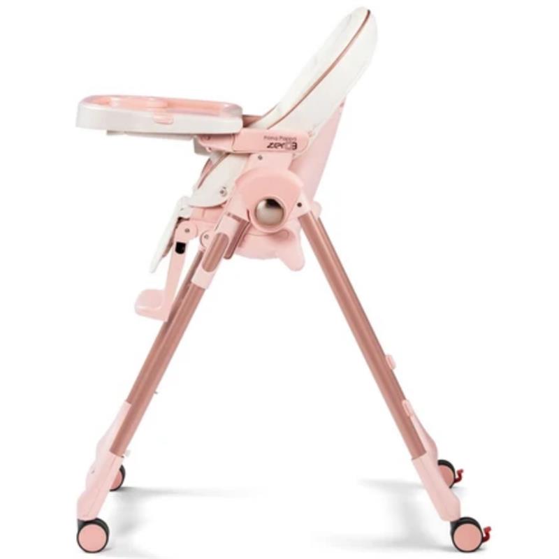 High chair in Rose Gold with a white seat and removable tray, designed for infants and toddlers.