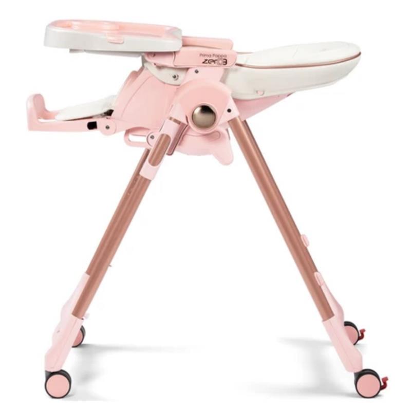 High chair Peg Prima Pappa Zero 3 in Mon Amour (Rose Gold), featuring a pink seat and adjustable tray.