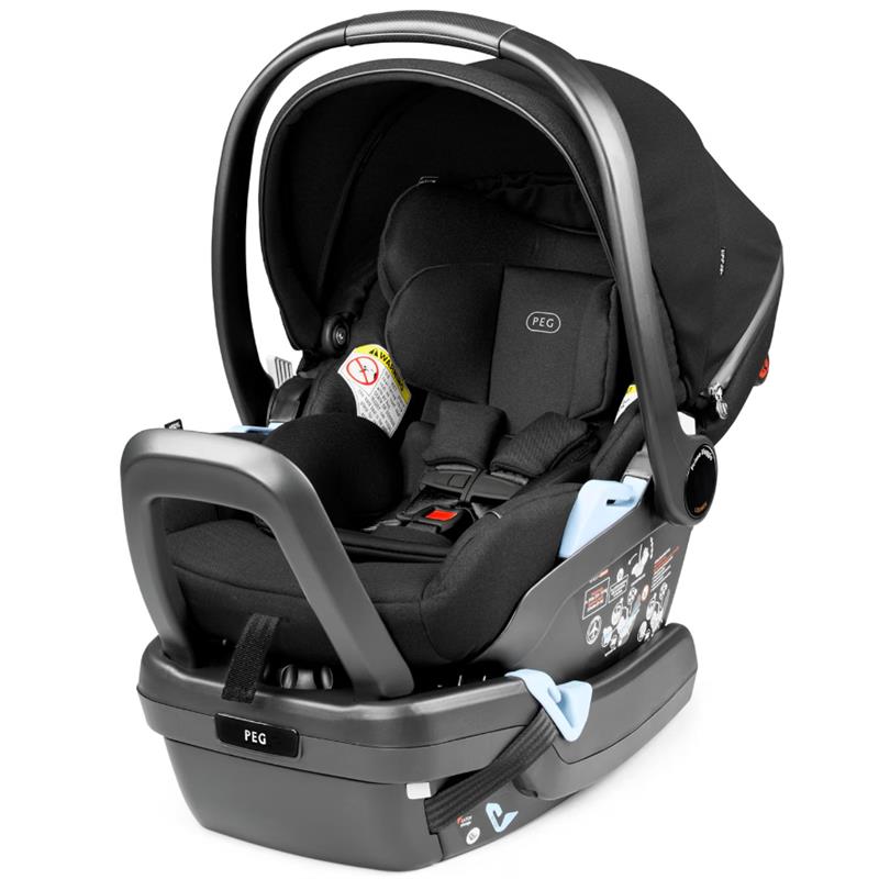 Peg Primo Viaggio Lounge Infant Car Seat in True Black, featuring a removable canopy, safety harness, and user instruction labels.