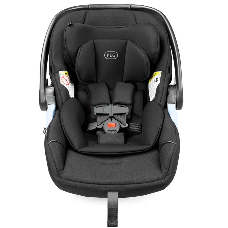 Peg Primo Viaggio Lounge Infant Car Seat in True Black, featuring soft padding, safety harness, and adjustable handle.