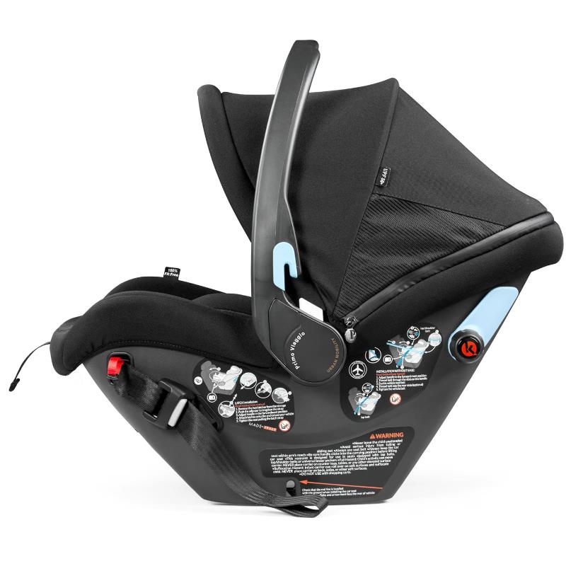 Baseless infant car seat in True Black, featuring instructions and a LATCH system for secure installation.